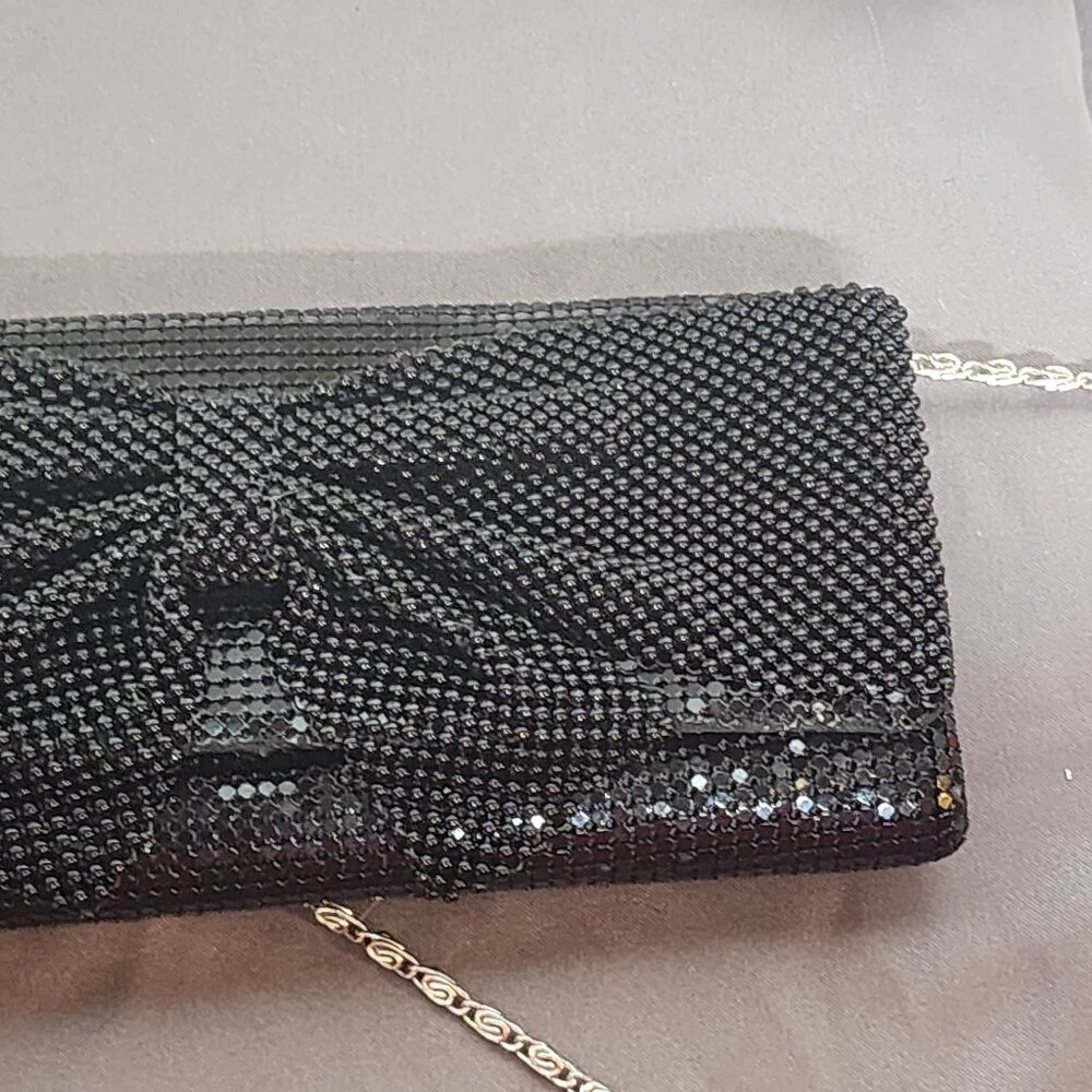 Sparkling Black Sequin Bow and Chain Mail Dress Clutch Bag Silver Shoulder Strap - Picture 11 of 16